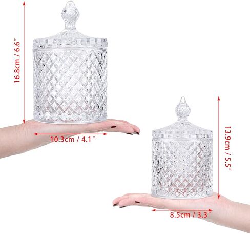 Hipiwe Glass Qtip Holder with Lid - Set of 2 Cotton Swabs and Ball Holder Crystal Apothecary Jar Set Bathroom Storage Canisters Vanity Organizer for Cotton Pads, Candy Storage (Large+Small) in Saudi Arabia