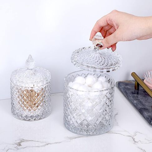 Hipiwe Glass Qtip Holder with Lid - Set of 2 Cotton Swabs and Ball Holder Crystal Apothecary Jar Set Bathroom Storage Canisters Vanity Organizer for Cotton Pads, Candy Storage (Large+Small) in Saudi Arabia