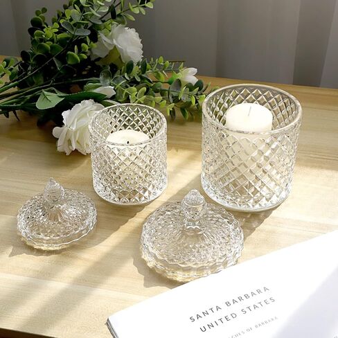 Hipiwe Glass Qtip Holder with Lid - Set of 2 Cotton Swabs and Ball Holder Crystal Apothecary Jar Set Bathroom Storage Canisters Vanity Organizer for Cotton Pads, Candy Storage (Large+Small) in Saudi Arabia