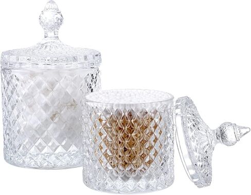 Hipiwe Glass Qtip Holder with Lid - Set of 2 Cotton Swabs and Ball Holder Crystal Apothecary Jar Set Bathroom Storage Canisters Vanity Organizer for Cotton Pads, Candy Storage (Large+Small) in Saudi Arabia
