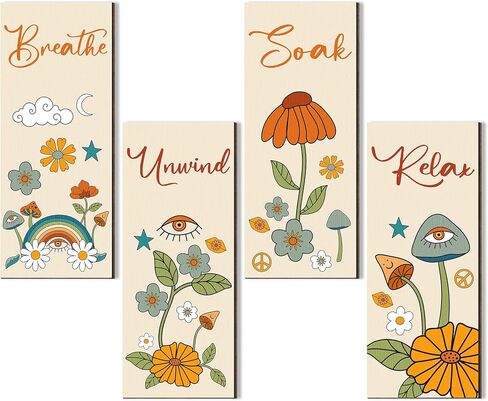 4 Pcs 60s 70s Retro Boho Floral Bathroom Wall Decor Orange Relax Soak Unwind Breathe Wall Art Funky Flower Eyes Vintage Hanging Bath Sign Hippie Abstract Bathroom Decor (Hippie Style, 11 x 3.5 Inch) in Saudi Arabia