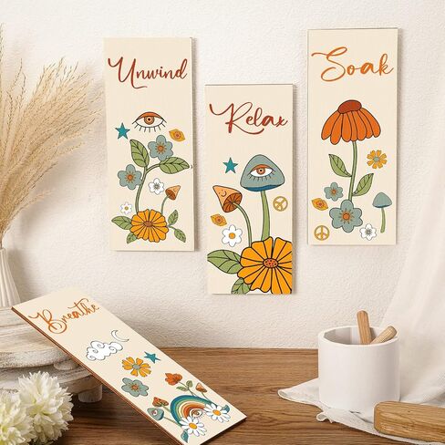 4 Pcs 60s 70s Retro Boho Floral Bathroom Wall Decor Orange Relax Soak Unwind Breathe Wall Art Funky Flower Eyes Vintage Hanging Bath Sign Hippie Abstract Bathroom Decor (Hippie Style, 11 x 3.5 Inch) in Saudi Arabia