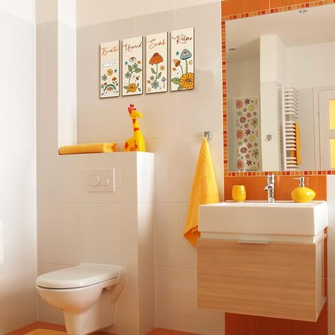 4 Pcs 60s 70s Retro Boho Floral Bathroom Wall Decor Orange Relax Soak Unwind Breathe Wall Art Funky Flower Eyes Vintage Hanging Bath Sign Hippie Abstract Bathroom Decor (Hippie Style, 11 x 3.5 Inch) in Saudi Arabia