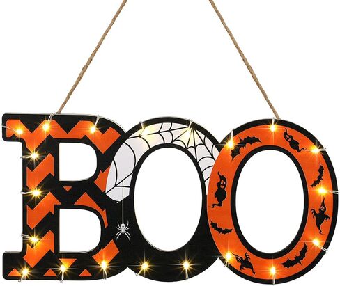 Halloween Boo Wood Hanging Sign Halloween Wall Sign Halloween Door Hanging Sign with LED Light String for Night Ghost Home Indoor Outdoor Decor Party Supplies, 12 x 6 x 0.2 Inch in Saudi Arabia