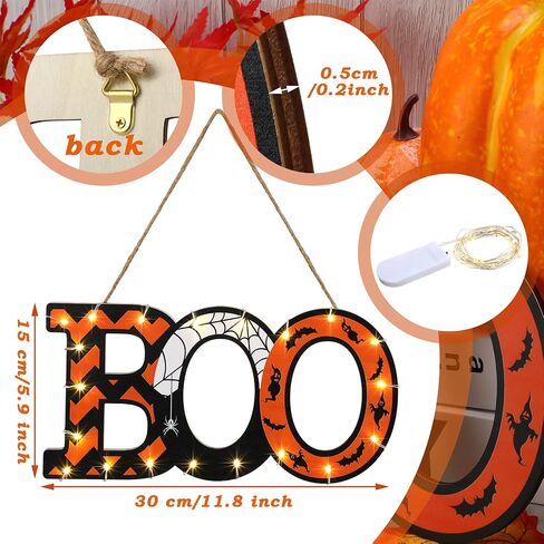 Halloween Boo Wood Hanging Sign Halloween Wall Sign Halloween Door Hanging Sign with LED Light String for Night Ghost Home Indoor Outdoor Decor Party Supplies, 12 x 6 x 0.2 Inch in Saudi Arabia