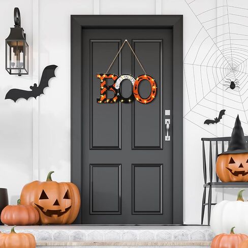 Halloween Boo Wood Hanging Sign Halloween Wall Sign Halloween Door Hanging Sign with LED Light String for Night Ghost Home Indoor Outdoor Decor Party Supplies, 12 x 6 x 0.2 Inch in Saudi Arabia