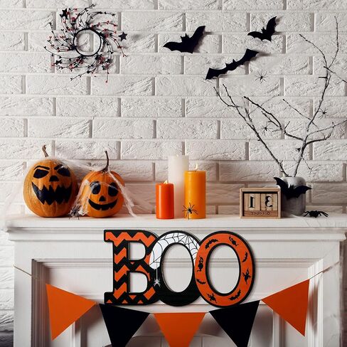 Halloween Boo Wood Hanging Sign Halloween Wall Sign Halloween Door Hanging Sign with LED Light String for Night Ghost Home Indoor Outdoor Decor Party Supplies, 12 x 6 x 0.2 Inch in Saudi Arabia