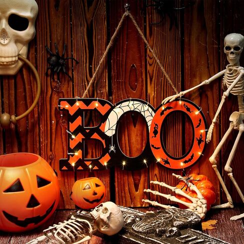 Halloween Boo Wood Hanging Sign Halloween Wall Sign Halloween Door Hanging Sign with LED Light String for Night Ghost Home Indoor Outdoor Decor Party Supplies, 12 x 6 x 0.2 Inch in Saudi Arabia