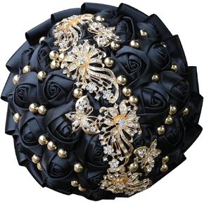 Handmade Rhinestone Brooch Wedding Flowers Bridal Bouquets Crystal Bride Holding Bouquet White Ivory Satin Roses with Diamond Pearl Ribbon… (375G Beige) in Saudi Arabia