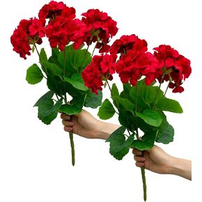 2PCS Artificial Geraniums Silk Flowers Outdoor UV Resistant Garden Plants Bush (DeepPink)