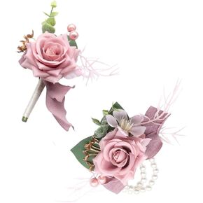 Blush & Marsala Corsage and Boutonniere Set, Prom Artificial Flower Wrist Corsage Bracelets, Homecoming Corsage Wristlet, Boutonniere for Men Wedding Flowers Accessories Prom Suit Decorations in Saudi Arabia