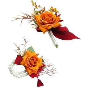 Blush & Marsala Corsage and Boutonniere Set, Prom Artificial Flower Wrist Corsage Bracelets, Homecoming Corsage Wristlet, Boutonniere for Men Wedding Flowers Accessories Prom Suit Decorations