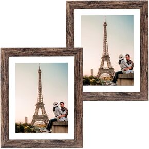 5x7 Picture Frame Wood Patten Rustic Brown Set of 2, Each Frame with Mat,Display 5x7 Picture Without mat or 4x6 Photos with Mat Wall Decor Table Top(CP002-MD5x7BR)