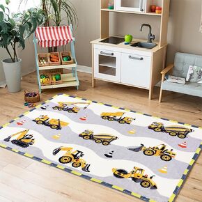 Kids Playmat Vehicles Carpet 5Ft Digger Mixer Car Rug Construction Rug for Boys Kids Bedroom Playroom Living Room Nonslip Nursery Area Rug Construction Decor for Boys Girls, Coffee 3'x5'