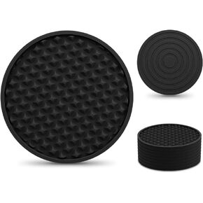 EAGMAK Coasters for Drinks Set of 8, Silicone Drink Coasters with Grooved Pattern, Non-Slip Base, Washable and Heat Resistant Coffee Coasters for Wooden Table, Desk, Kitchen, Office, Bar-Black