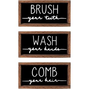 LIBWYS Bathroom Sign & Plaque (Set of 3) Wash Your Hands Brush Your Teeth Comb Your Hair Decorative Rustic Wood Farmhouse Bathroom Wall Decor (Black)