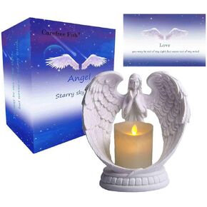 Carefree Fish Starry White Angel Wing Praying Sandstone Statue Angel Figurine Prayer Home Decoration Memorial LED Candle Holder 6Inch (Sandstone Process)