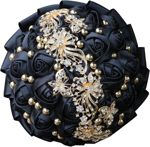 Handmade Rhinestone Brooch Wedding Flowers Bridal Bouquets Crystal Bride Holding Bouquet White Ivory Satin Roses with Diamond Pearl Ribbon… (375G Beige) in Kuwait