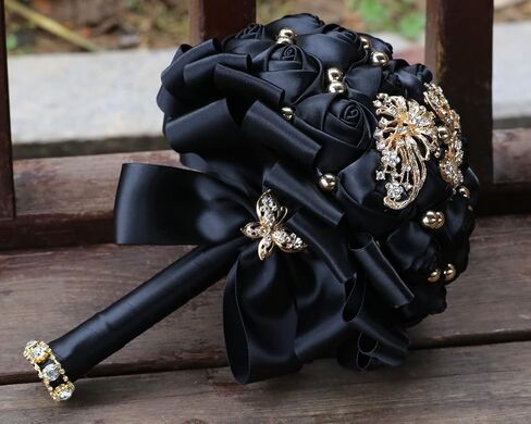 Handmade Rhinestone Brooch Wedding Flowers Bridal Bouquets Crystal Bride Holding Bouquet White Ivory Satin Roses with Diamond Pearl Ribbon… (375G Beige) in Kuwait