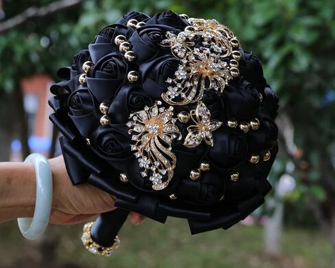Handmade Rhinestone Brooch Wedding Flowers Bridal Bouquets Crystal Bride Holding Bouquet White Ivory Satin Roses with Diamond Pearl Ribbon… (375G Beige) in Kuwait