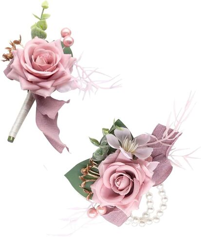 Blush & Marsala Corsage and Boutonniere Set, Prom Artificial Flower Wrist Corsage Bracelets, Homecoming Corsage Wristlet, Boutonniere for Men Wedding Flowers Accessories Prom Suit Decorations in Kuwait