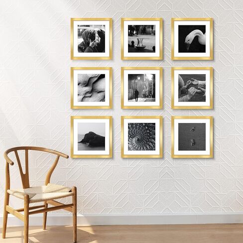 LaVie Home 12x12 Gallery Wall Frame Set Gold, 9 Packs 12x12 frame with Mat for 8x8 Photos, Simple Designed Classic Square Picture Frame for Wall Mount, Gold frames Perfect for Wall Decor in Kuwait