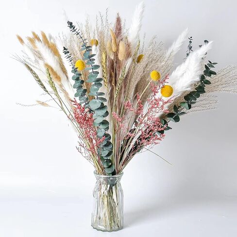 Pampas Grass Decor, 88PCS Large Fluffy Colorful Natural Dried Flowers Bouquet, Pompous Grass Boho Home Room Decor with White Brown Pompas, Eucalyptus, Lover Grass, Gold Billy Ball, 17.5" Tall in Saudi Arabia