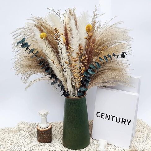 Pampas Grass Decor, 88PCS Large Fluffy Colorful Natural Dried Flowers Bouquet, Pompous Grass Boho Home Room Decor with White Brown Pompas, Eucalyptus, Lover Grass, Gold Billy Ball, 17.5" Tall in Saudi Arabia