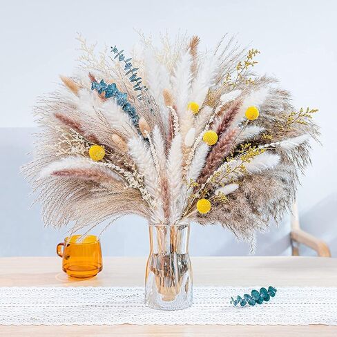 Pampas Grass Decor, 88PCS Large Fluffy Colorful Natural Dried Flowers Bouquet, Pompous Grass Boho Home Room Decor with White Brown Pompas, Eucalyptus, Lover Grass, Gold Billy Ball, 17.5" Tall in Saudi Arabia