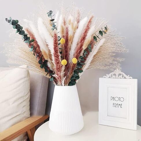 Pampas Grass Decor, 88PCS Large Fluffy Colorful Natural Dried Flowers Bouquet, Pompous Grass Boho Home Room Decor with White Brown Pompas, Eucalyptus, Lover Grass, Gold Billy Ball, 17.5" Tall in Saudi Arabia