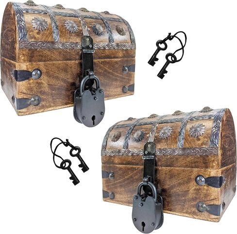 Pirate's Treasure Chest (8" x 6" x 6") Wooden Nautical Jewelry Box with Functional Lock and 2 Keys, Wood with Iron Accents, Hinged Lid by SciencePurchase in Kuwait