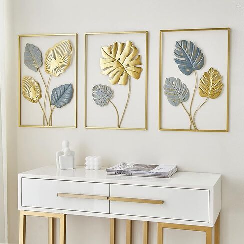 XINXUAN 3 Pieces Leaf Wall Hanging Decor Gold Wall Decor Home Decor Wall Decor Office Wall Decor Metal Wall Art Decor for Kitchen Bedroom Living Room (11.8 X 17.7 Inch) in Kuwait