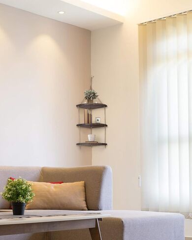 تايم يارد رف حائط زاوية معلق، ارفف عائمة من حبل الجوت من خشب الجوت البني، رف منظم تخزين ريفي لديكور المنزل الريفي لغرفة المعيشة وغرفة النوم والحمام والمطبخ in Kuwait