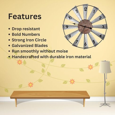 Everything Help Enterprises Large Windmill Wall Clock - Big Rustic Decorative Oversized Clock for Farmhouse, Home Decor, Living Room, Bedroom Decor, Non Ticking, Battery Operated in Saudi Arabia