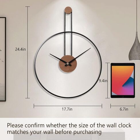 YISITEONE Large Decorative Wall Clock for Living Room,Metal & Walnut Dial Home Decor Silent Non Ticking Lightweight Clocks for Bedroom, Farmhouse, Office Decorations, 28.7''×21.6'',Black in Kuwait