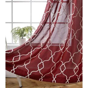 MIUCO Moroccan Embroidered Semi Sheer Curtains Faux Linen Grommet Curtains for Living Room 52 x 63 Inch 2 Panels, Burgundy in Saudi Arabia