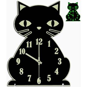 Cat Wall Clock Night Light - Kids Clock Glow in The Dark Silent Non-Ticking Battery Operated for Bedroom Classroom Home Decor,Cute Unique Gift,Black