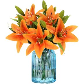 Artificial Tiger Lily Latex Real Touch Flower Home Wedding Party Decor,Pack of 5 (Orange)