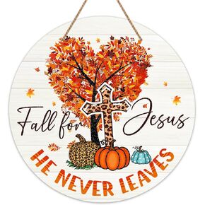 FLYAB Fall for Jesus He Never Leaves Sign for Home Decorations | Farmhouse Autumn Wreaths for Front Door | 11.5" Christian Jesus Hanger Sign for Autumn Thanksgiving Decorations