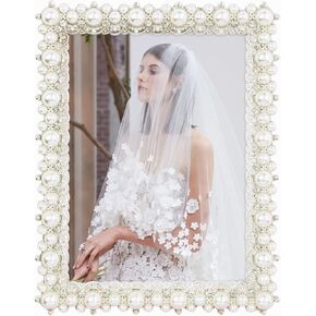 4x6 Picture Frame with Pearl and Crystal Decor for Wedding Photo, Pearl Picture Frame for Wedding Gifts, Ornate Frame Silver Plated for Tabletop Display
