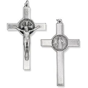 XL St Benedict Crucifix Straight Edge Cross for Rosary Making - XL 3" Silver Oxidized Crucifix Rosary Part for St Benedict Rosary or Mens Catholic Necklace, Made in Italy in Saudi Arabia