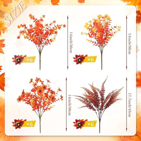 XHXSTORE 24 حزمة من زهور الخريف الاصطناعية للأمهات المزيفة في الهواء الطلق ونباتات بوسطن السرخس والنباتات البلاستيكية المقاومة للأشعة فوق البنفسجية والشجيرات للمنزل والباب الأمامي والشرفة والحديقة وديكور الخريف (14 بوصة - 17.7 بوصة) in Kuwait
