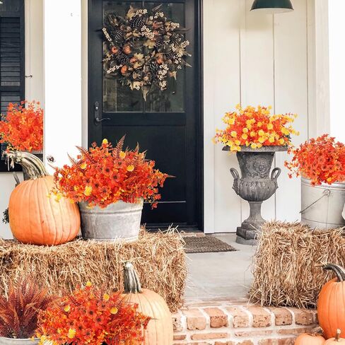 XHXSTORE 24 حزمة من زهور الخريف الاصطناعية للأمهات المزيفة في الهواء الطلق ونباتات بوسطن السرخس والنباتات البلاستيكية المقاومة للأشعة فوق البنفسجية والشجيرات للمنزل والباب الأمامي والشرفة والحديقة وديكور الخريف (14 بوصة - 17.7 بوصة) in Kuwait