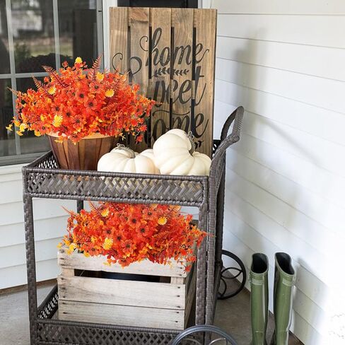 XHXSTORE 24 حزمة من زهور الخريف الاصطناعية للأمهات المزيفة في الهواء الطلق ونباتات بوسطن السرخس والنباتات البلاستيكية المقاومة للأشعة فوق البنفسجية والشجيرات للمنزل والباب الأمامي والشرفة والحديقة وديكور الخريف (14 بوصة - 17.7 بوصة) in Kuwait