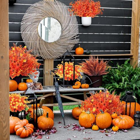 XHXSTORE 24 حزمة من زهور الخريف الاصطناعية للأمهات المزيفة في الهواء الطلق ونباتات بوسطن السرخس والنباتات البلاستيكية المقاومة للأشعة فوق البنفسجية والشجيرات للمنزل والباب الأمامي والشرفة والحديقة وديكور الخريف (14 بوصة - 17.7 بوصة) in Kuwait