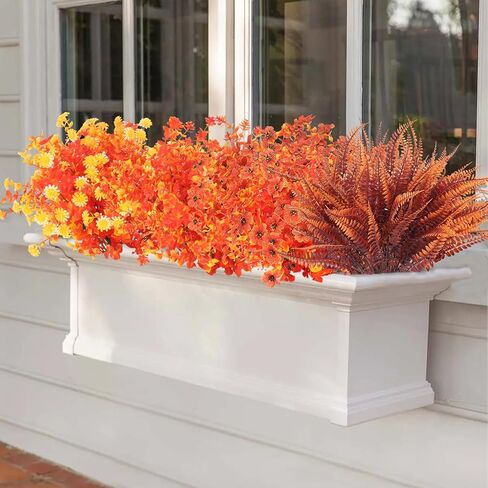 XHXSTORE 24 حزمة من زهور الخريف الاصطناعية للأمهات المزيفة في الهواء الطلق ونباتات بوسطن السرخس والنباتات البلاستيكية المقاومة للأشعة فوق البنفسجية والشجيرات للمنزل والباب الأمامي والشرفة والحديقة وديكور الخريف (14 بوصة - 17.7 بوصة) in Kuwait