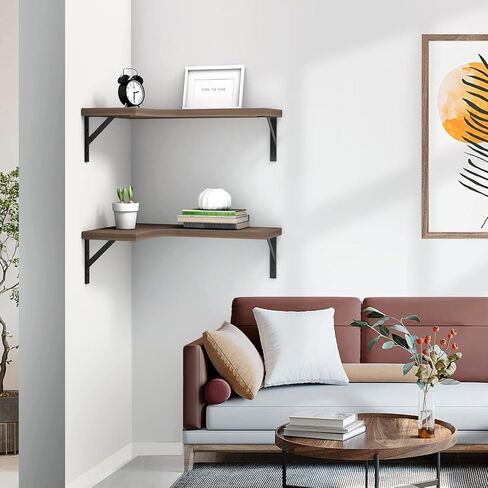 EACHPAI Floating Corner Shelves for Wall Décor Storage, Wall Shelves Set of 2, Wall Mounted Wood Shelves for Home Decor, Bedroom, Living Room, Bathroom, Kitchen, Office (Brown) in Saudi Arabia