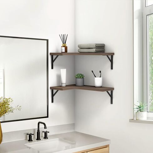 EACHPAI Floating Corner Shelves for Wall Décor Storage, Wall Shelves Set of 2, Wall Mounted Wood Shelves for Home Decor, Bedroom, Living Room, Bathroom, Kitchen, Office (Brown) in Saudi Arabia
