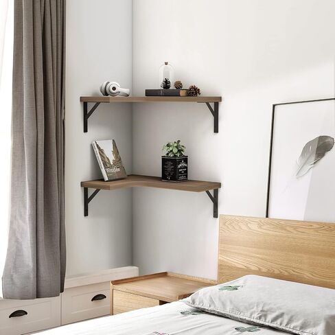 EACHPAI Floating Corner Shelves for Wall Décor Storage, Wall Shelves Set of 2, Wall Mounted Wood Shelves for Home Decor, Bedroom, Living Room, Bathroom, Kitchen, Office (Brown) in Saudi Arabia
