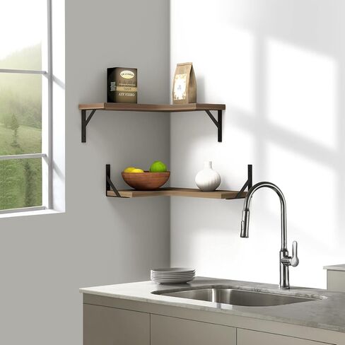 EACHPAI Floating Corner Shelves for Wall Décor Storage, Wall Shelves Set of 2, Wall Mounted Wood Shelves for Home Decor, Bedroom, Living Room, Bathroom, Kitchen, Office (Brown) in Saudi Arabia